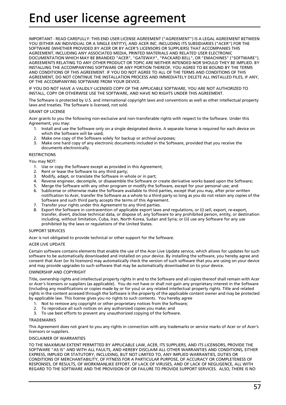 End user license agreement | Acer A200 User Manual | Page 57 / 58