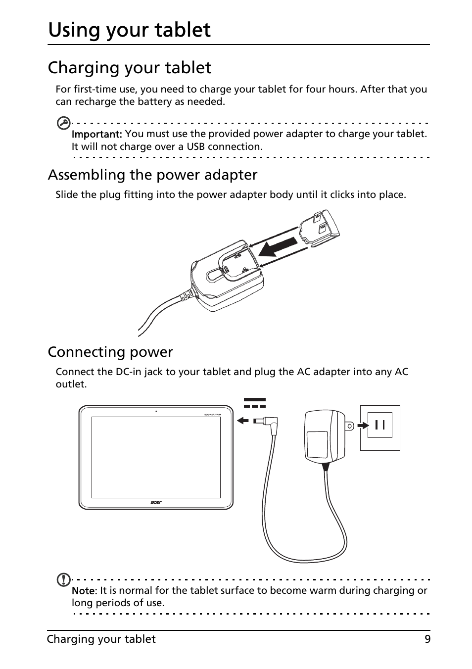 Using your tablet, Charging your tablet, Assembling the power adapter | Connecting power | Acer A200 User Manual | Page 9 / 58