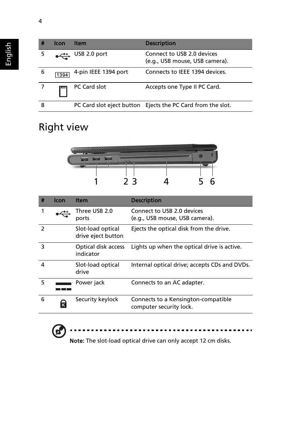 Right view, English | Acer Ferrari 4000 User Manual | Page 12 / 67
