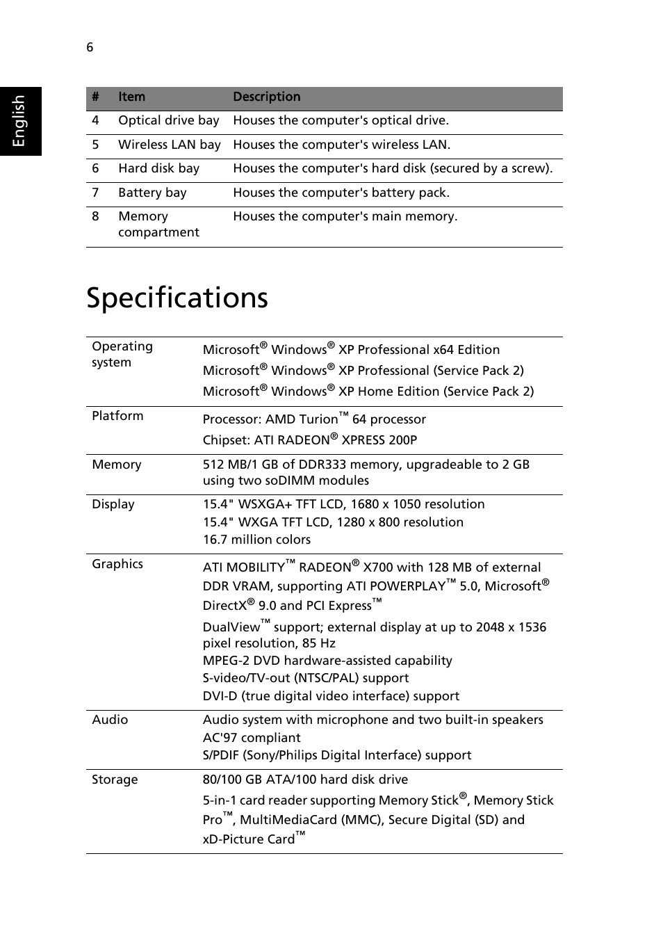 Specifications, English | Acer Ferrari 4000 User Manual | Page 14 / 67