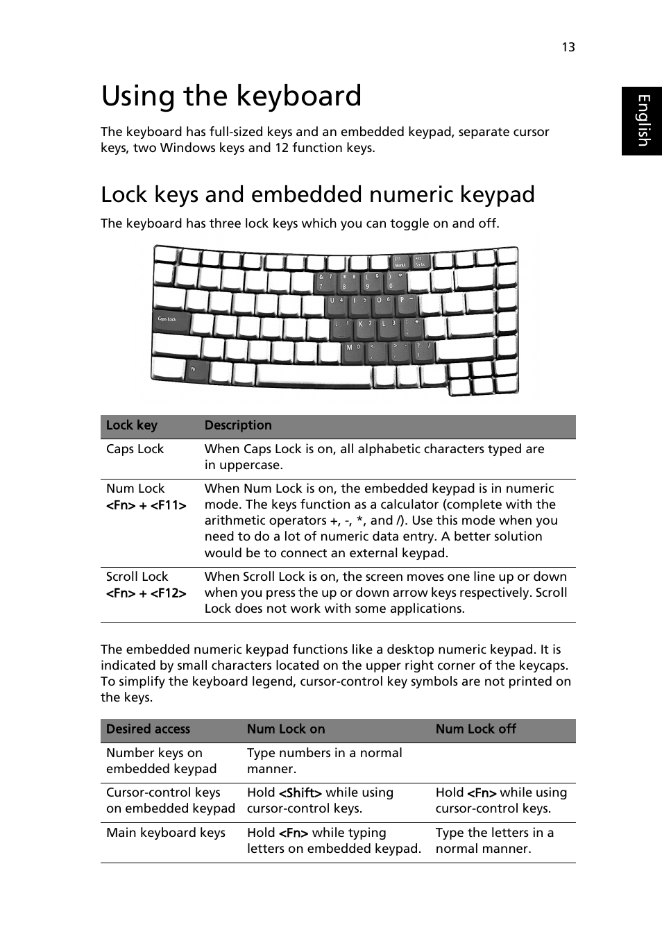 Using the keyboard, Lock keys and embedded numeric keypad | Acer Ferrari 4000 User Manual | Page 21 / 67
