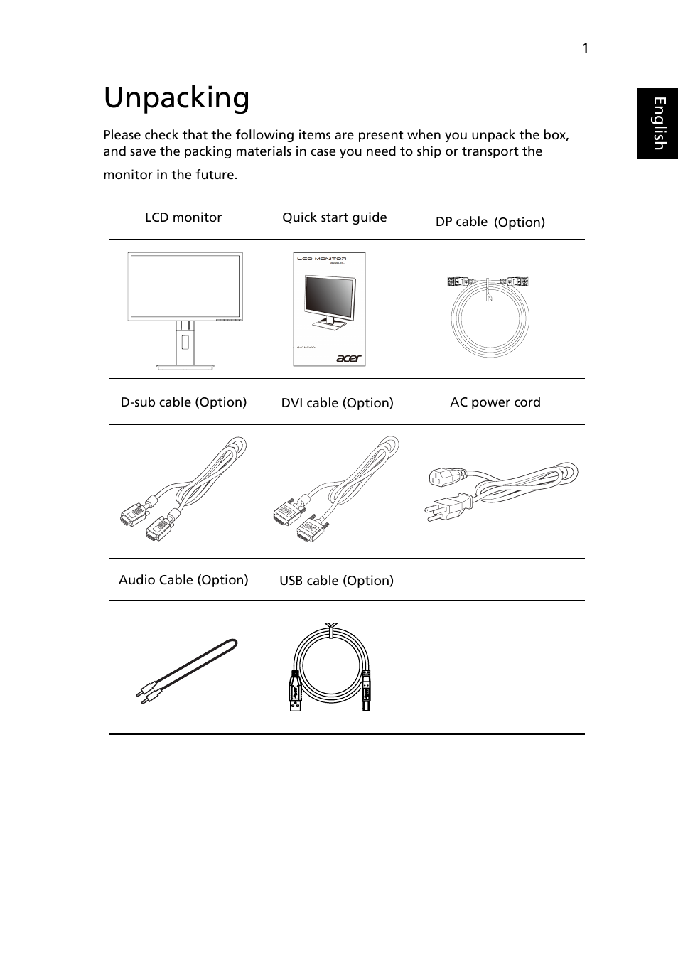 Unpacking | Acer B246HL User Manual | Page 13 / 29