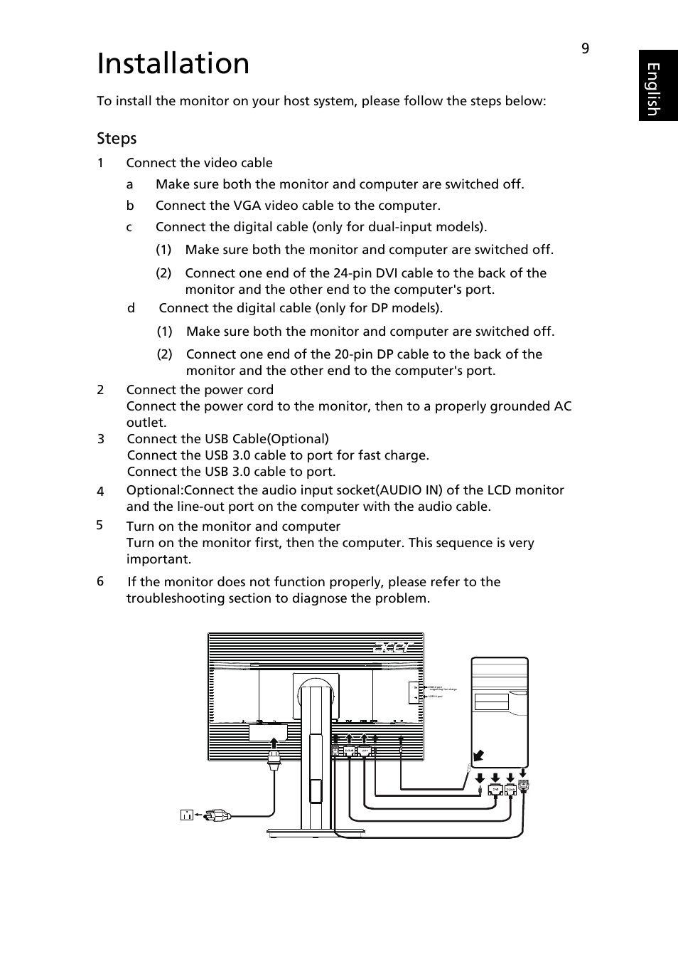 Installation, Eng lis h, Steps | Acer B246HL User Manual | Page 21 / 29