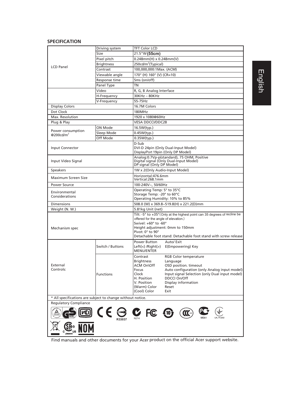 English, Specification | Acer B226HQL User Manual | Page 4 / 4