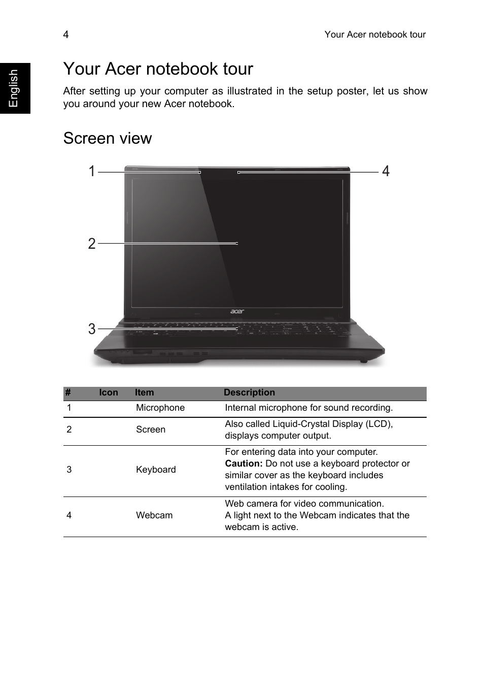Your acer notebook tour, Screen view | Acer Aspire V3-772G User Manual | Page 4 / 10