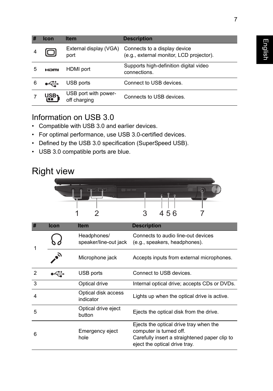 Information on usb 3.0, Right view | Acer Aspire V3-772G User Manual | Page 7 / 10