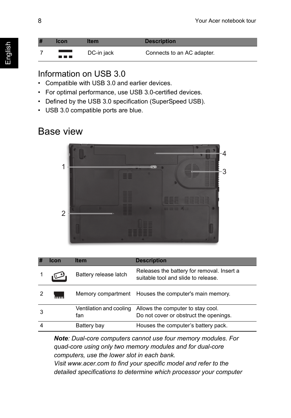 Information on usb 3.0, Base view | Acer Aspire V3-772G User Manual | Page 8 / 10