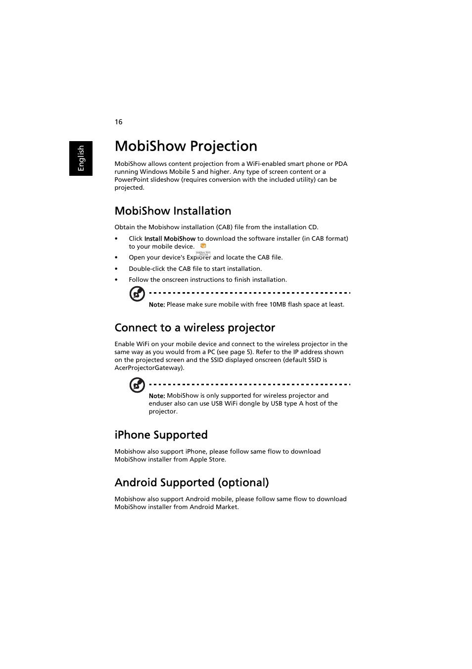 Mobishow projection, Mobishow installation, Connect to a wireless projector | Iphone supported, Android supported (optional) | Acer P7203B User Manual | Page 16 / 50