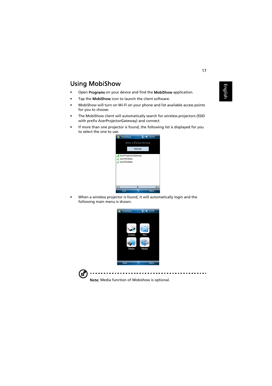 Using mobishow | Acer P7203B User Manual | Page 17 / 50