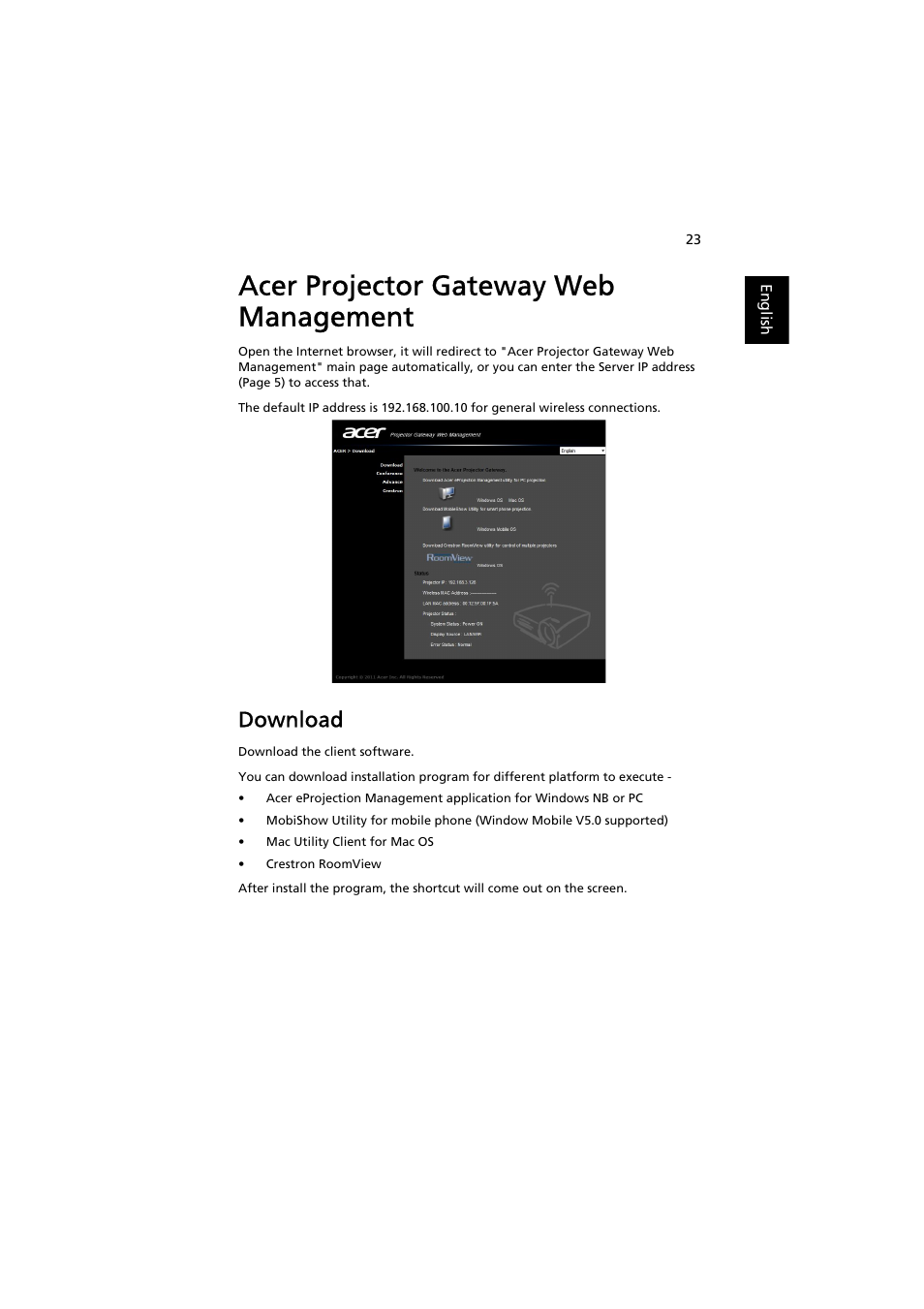 Acer projector gateway web management, Download | Acer P7203B User Manual | Page 23 / 50