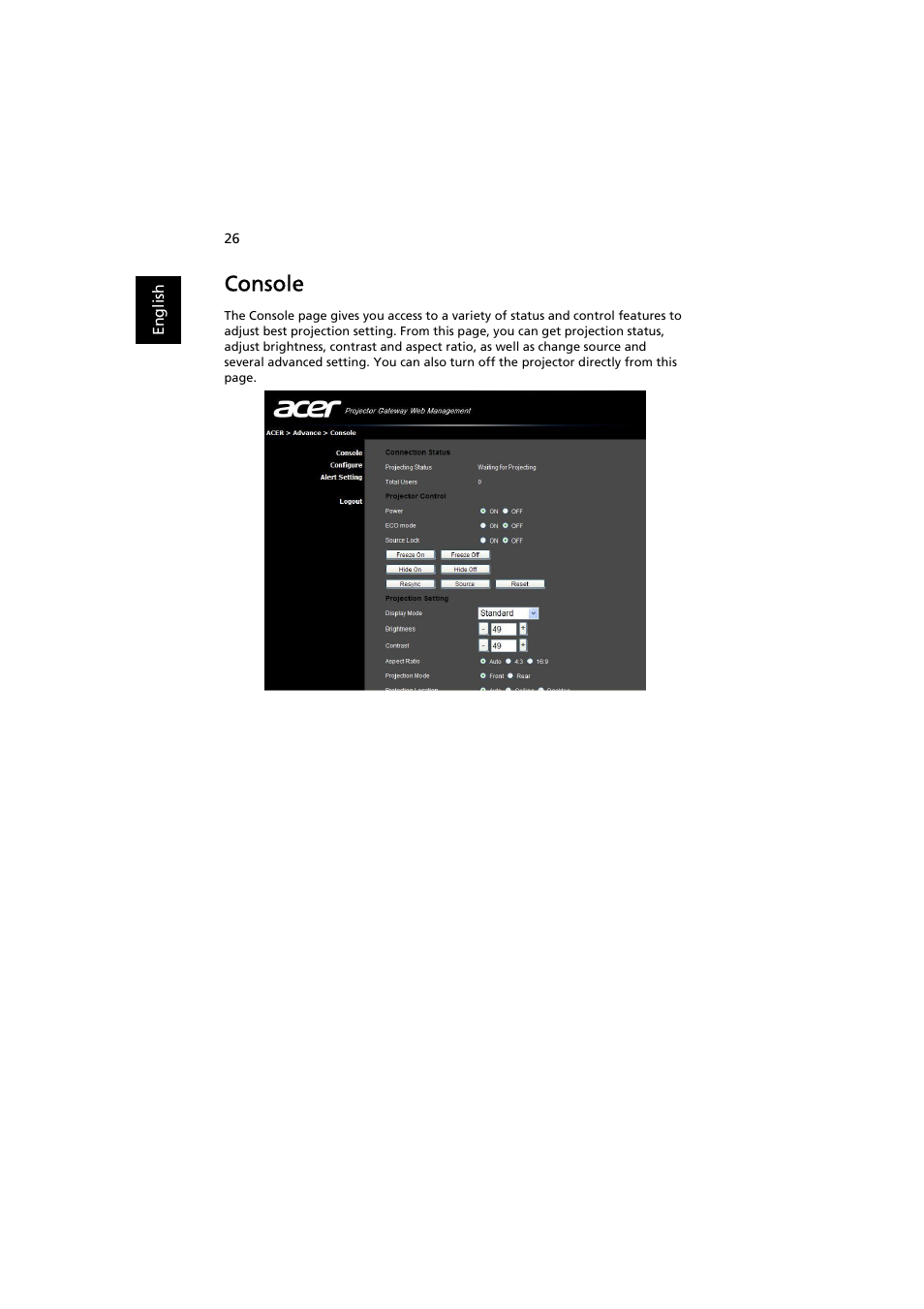 Console | Acer P7203B User Manual | Page 26 / 50