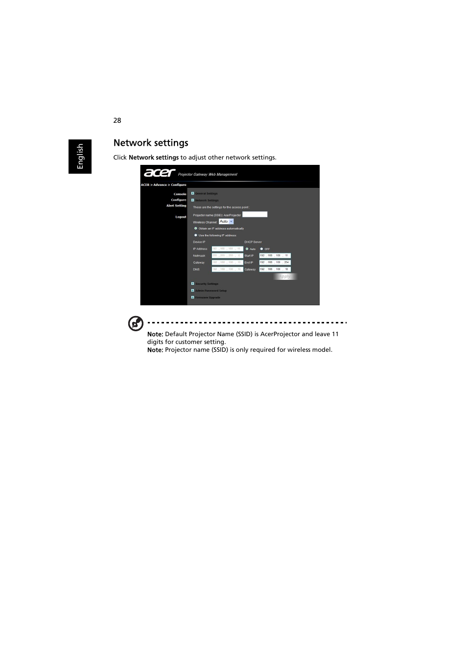 Network settings | Acer P7203B User Manual | Page 28 / 50