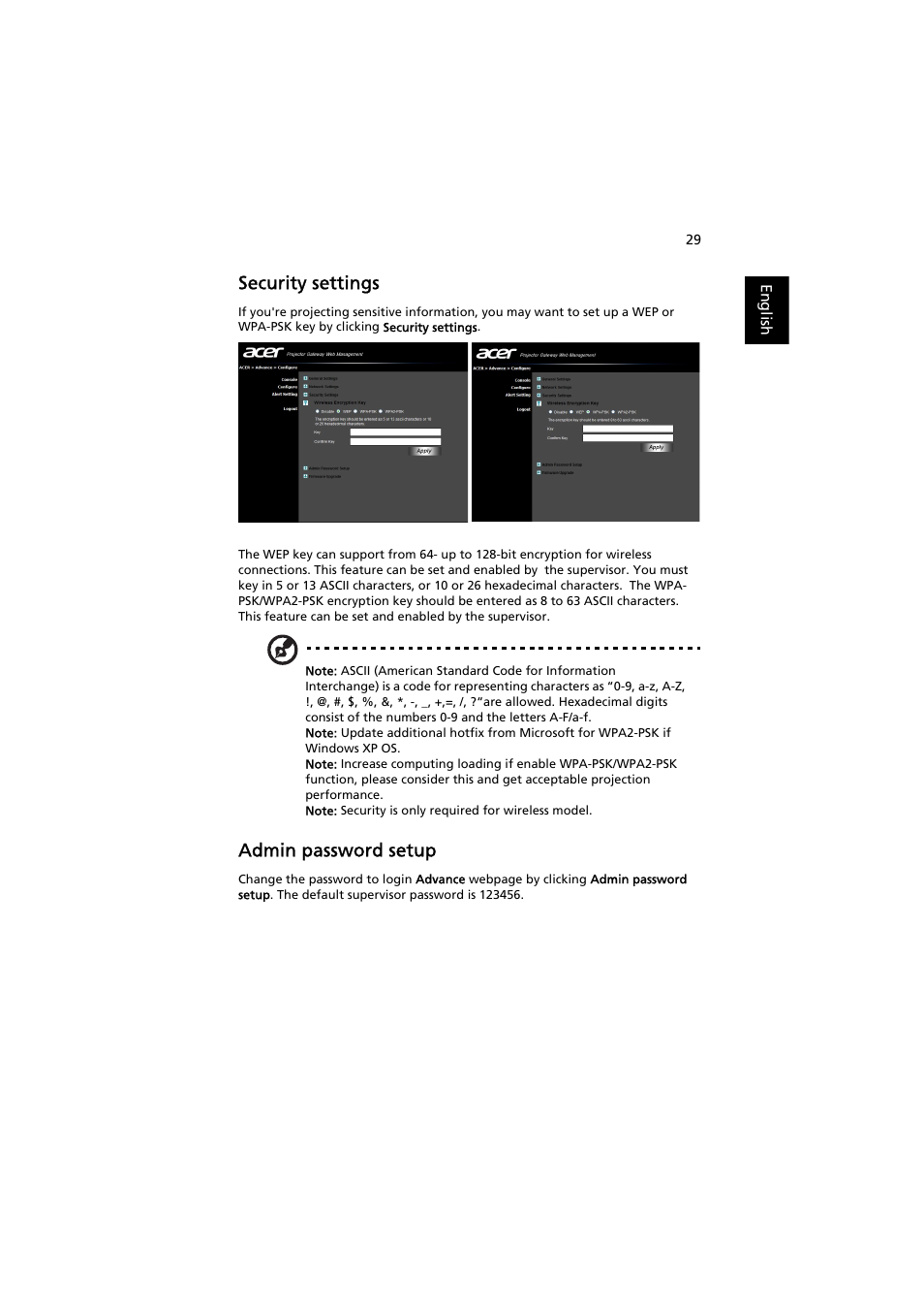 Security settings, Admin password setup | Acer P7203B User Manual | Page 29 / 50