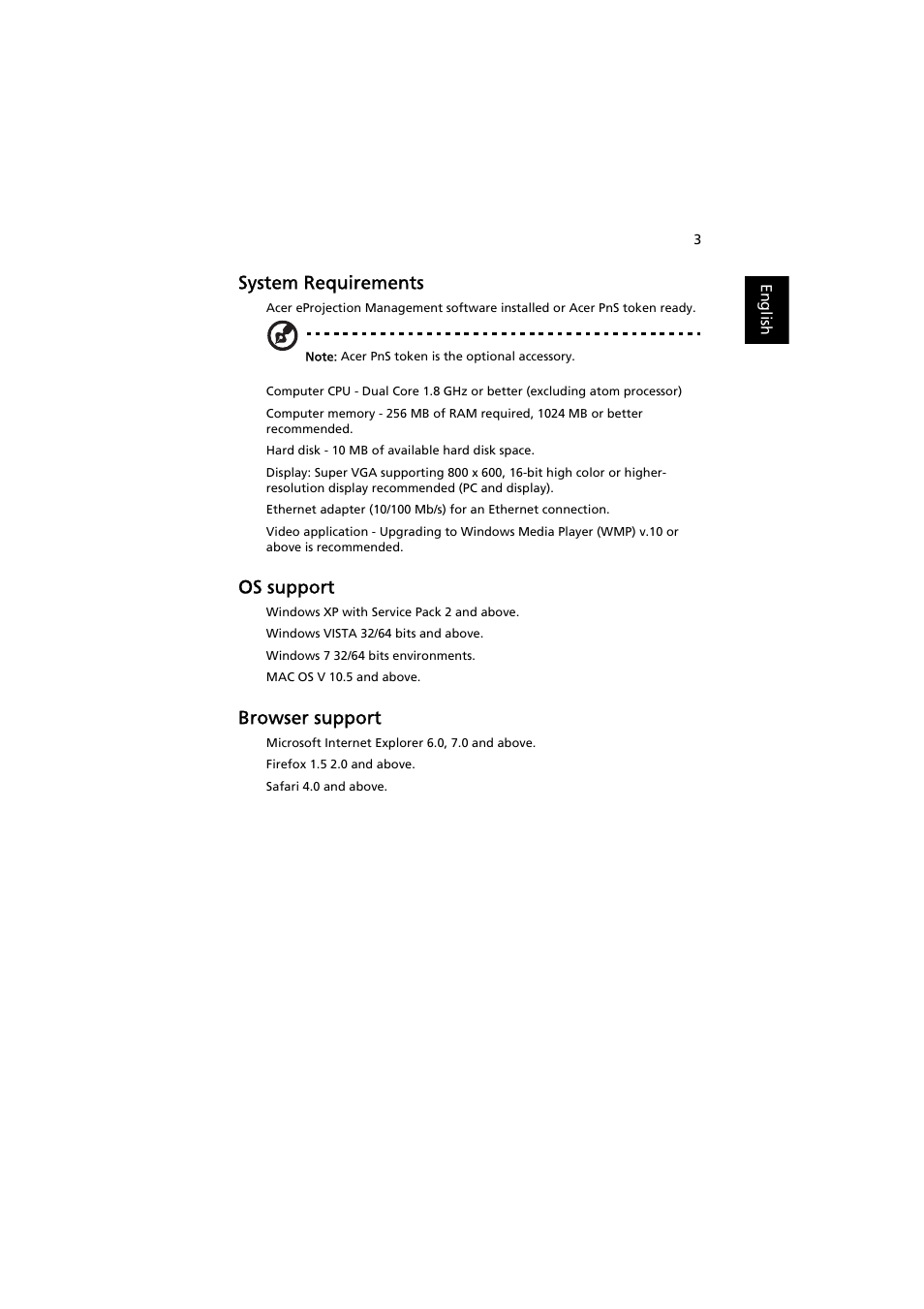 System requirements, Os support, Browser support | Acer P7203B User Manual | Page 3 / 50