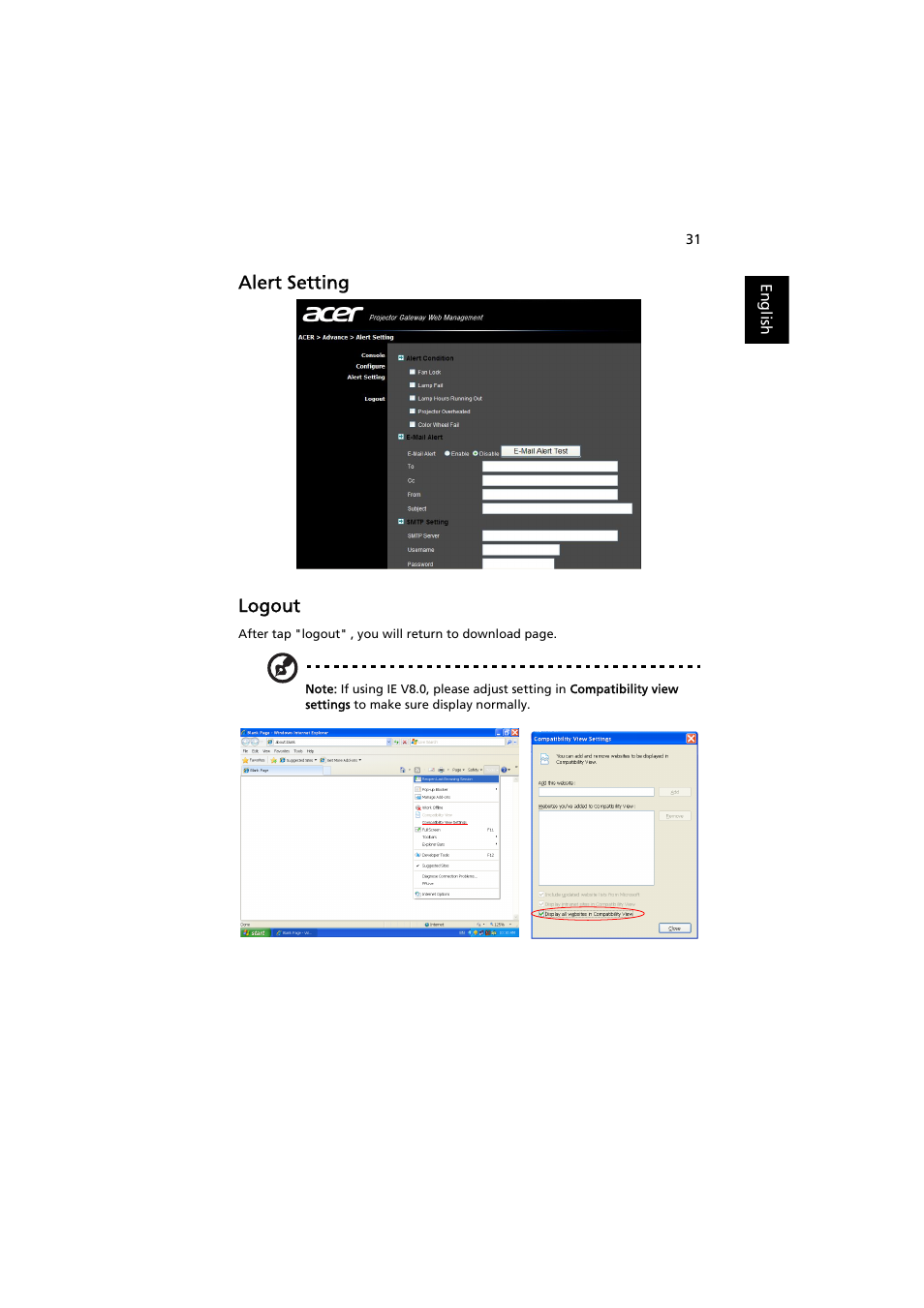 Alert setting, Logout, Alert setting logout | Acer P7203B User Manual | Page 31 / 50