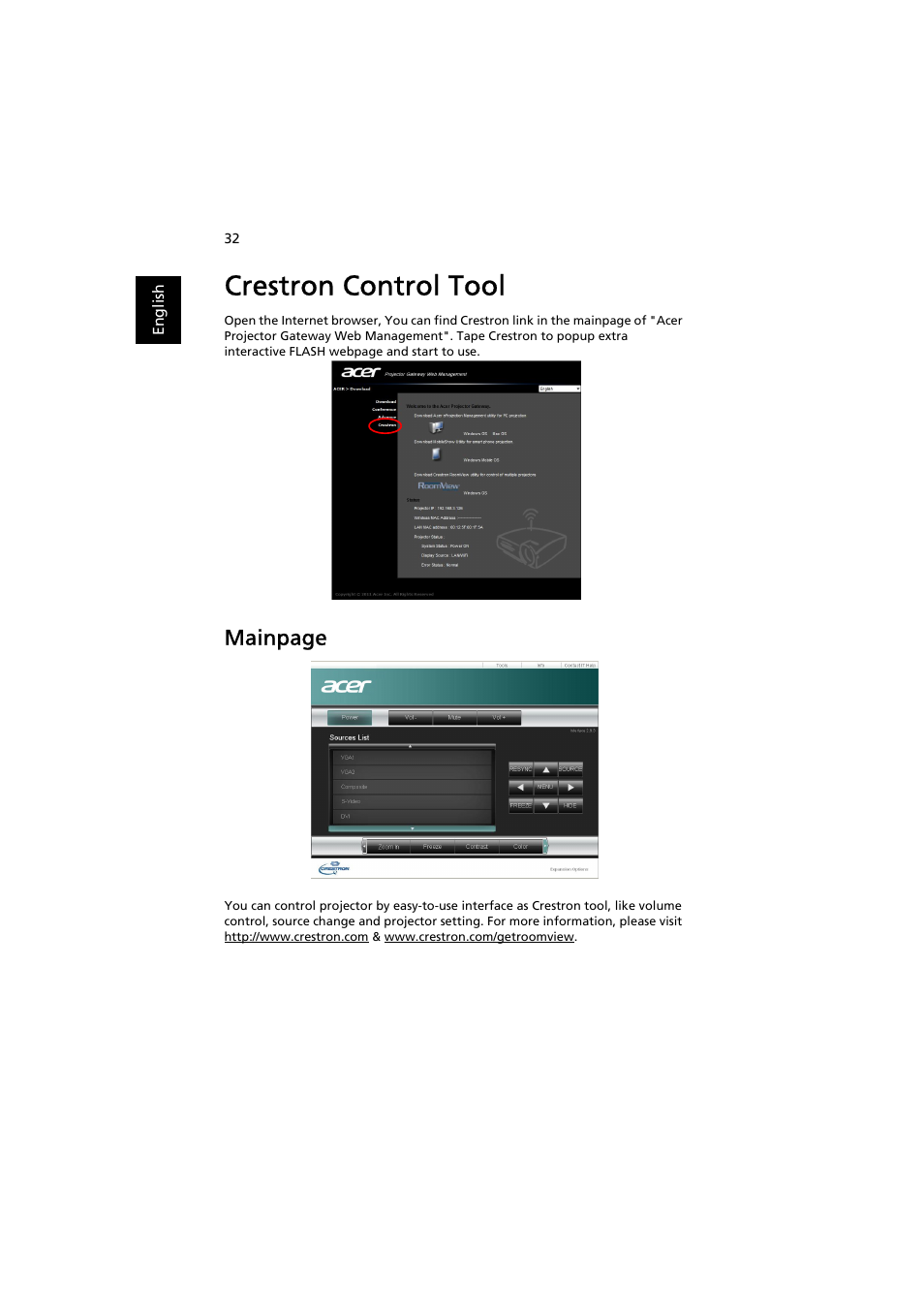 Crestron control tool, Mainpage | Acer P7203B User Manual | Page 32 / 50