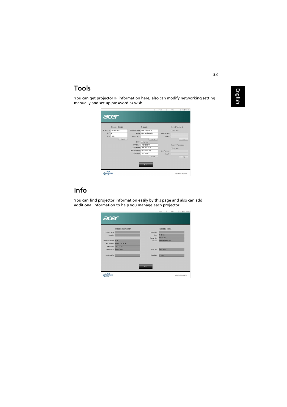 Tools, Info | Acer P7203B User Manual | Page 33 / 50