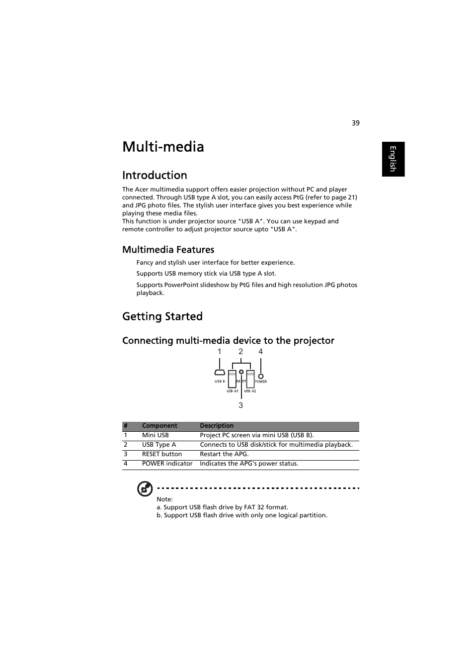 Multi-media, Introduction, Multimedia features | Getting started, Connecting multi-media device to the projector | Acer P7203B User Manual | Page 39 / 50