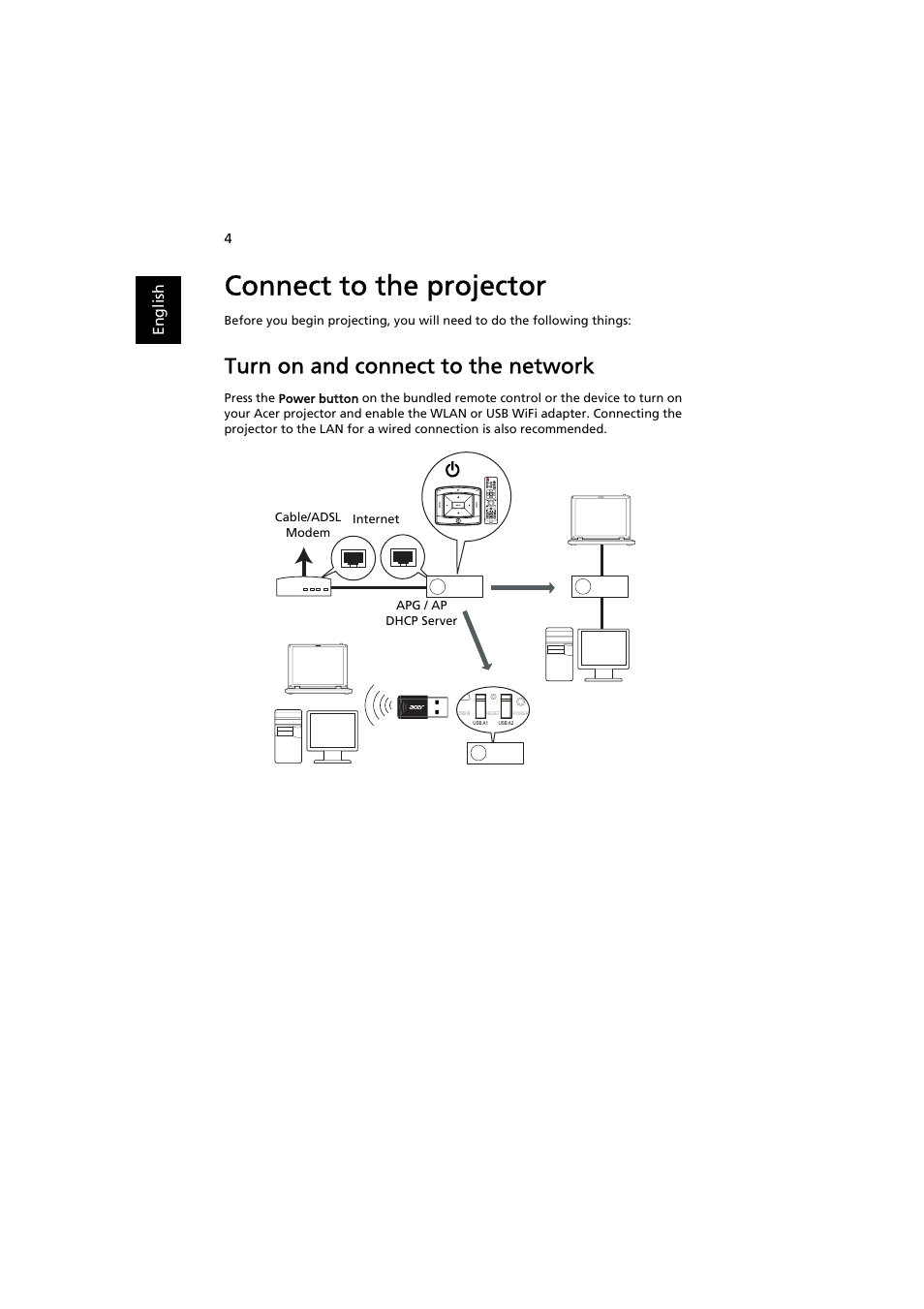 Connect to the projector, Turn on and connect to the network | Acer P7203B User Manual | Page 4 / 50