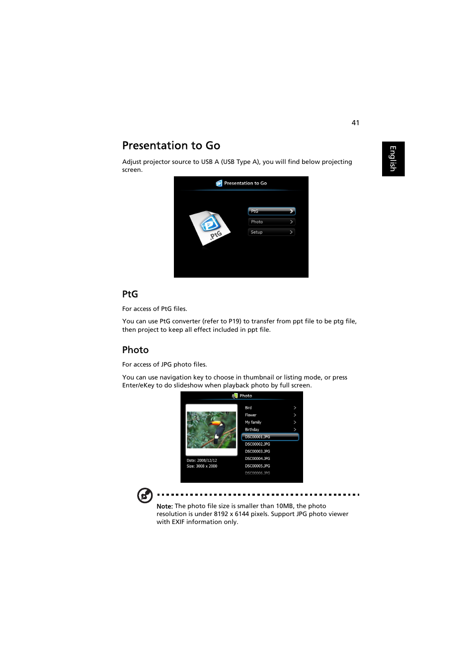 Presentation to go, Photo | Acer P7203B User Manual | Page 41 / 50