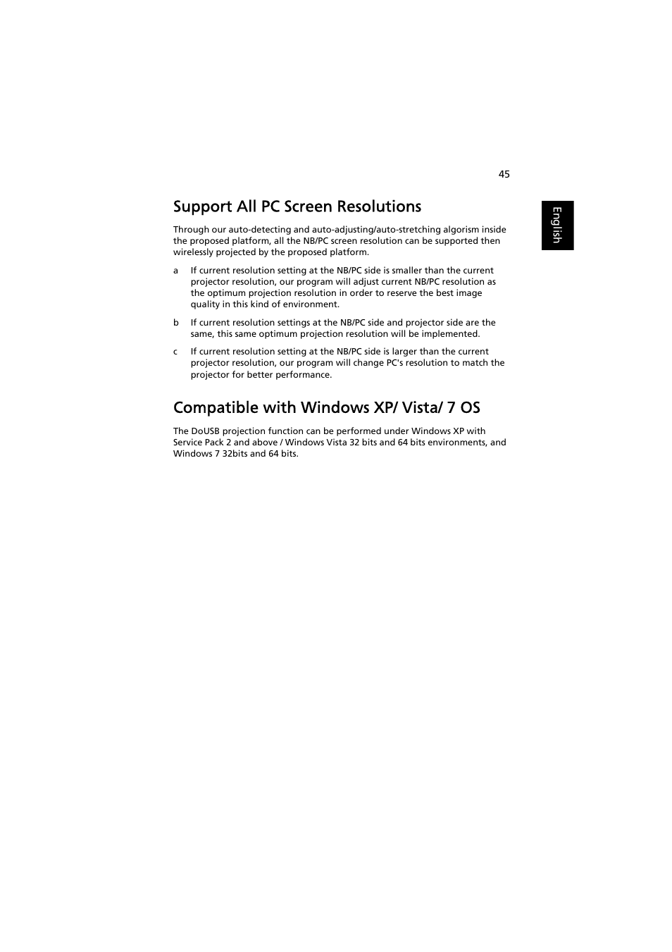 Support all pc screen resolutions, Compatible with windows xp/ vista/ 7 os | Acer P7203B User Manual | Page 45 / 50