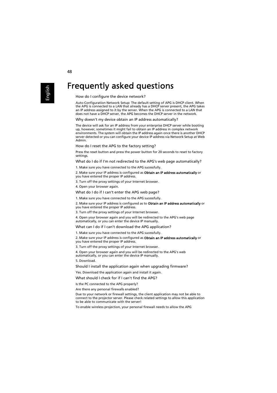 Frequently asked questions | Acer P7203B User Manual | Page 48 / 50