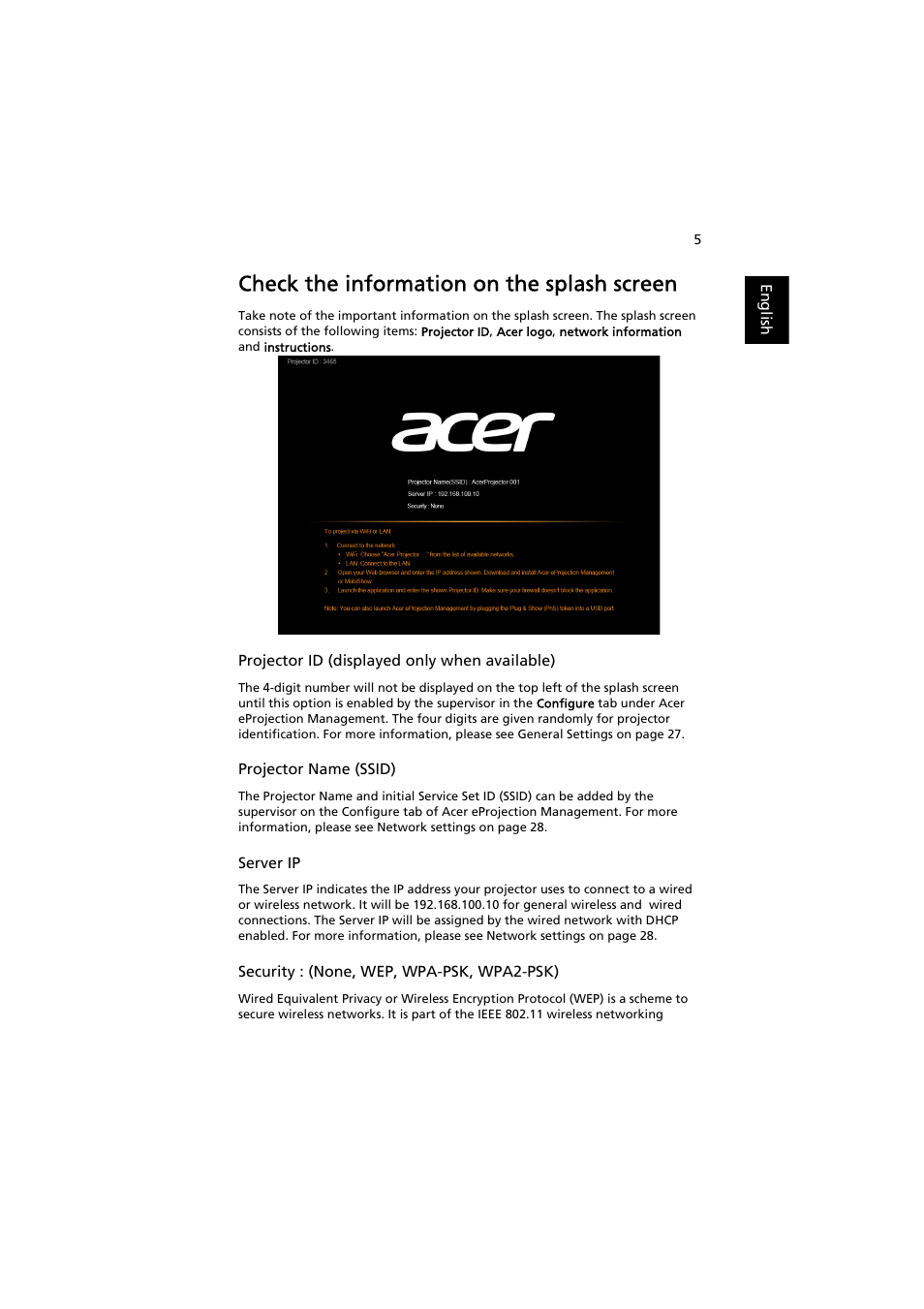 Check the information on the splash screen | Acer P7203B User Manual | Page 5 / 50