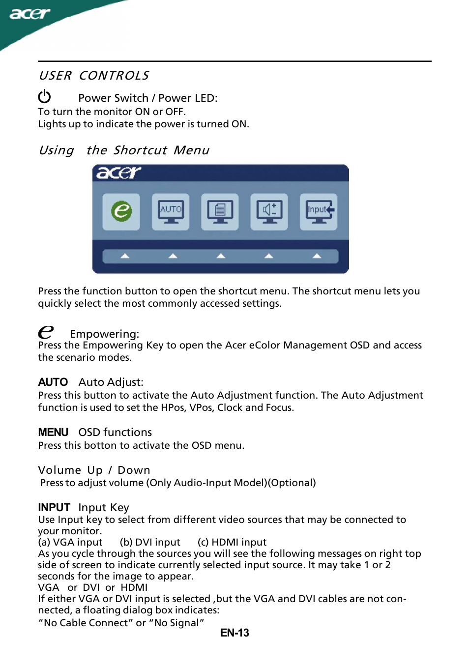 User controls, Using the shortcut menu | Acer P205H User Manual | Page 14 / 24