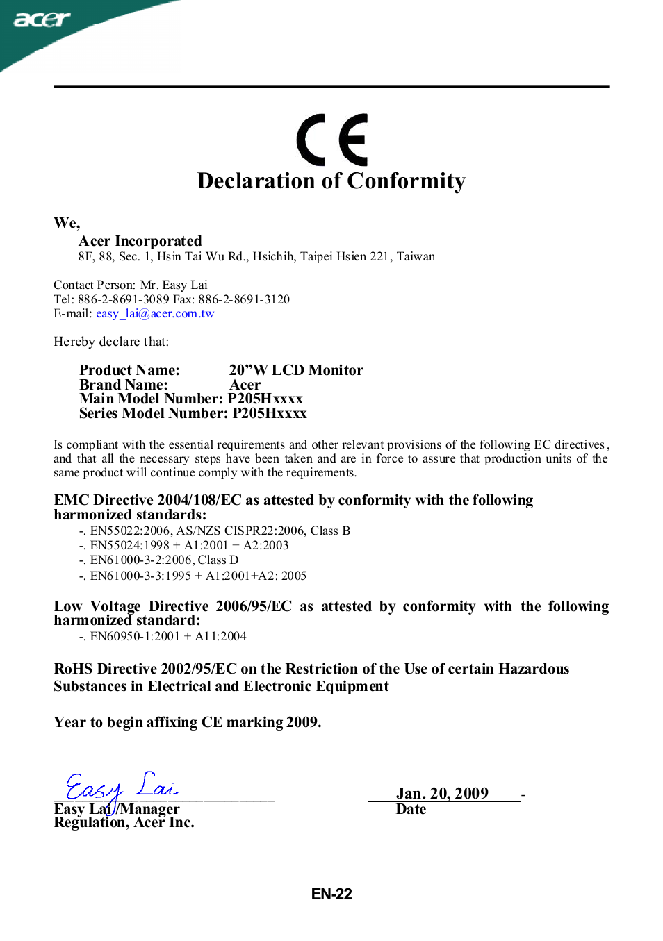 Declaration of conformity | Acer P205H User Manual | Page 23 / 24
