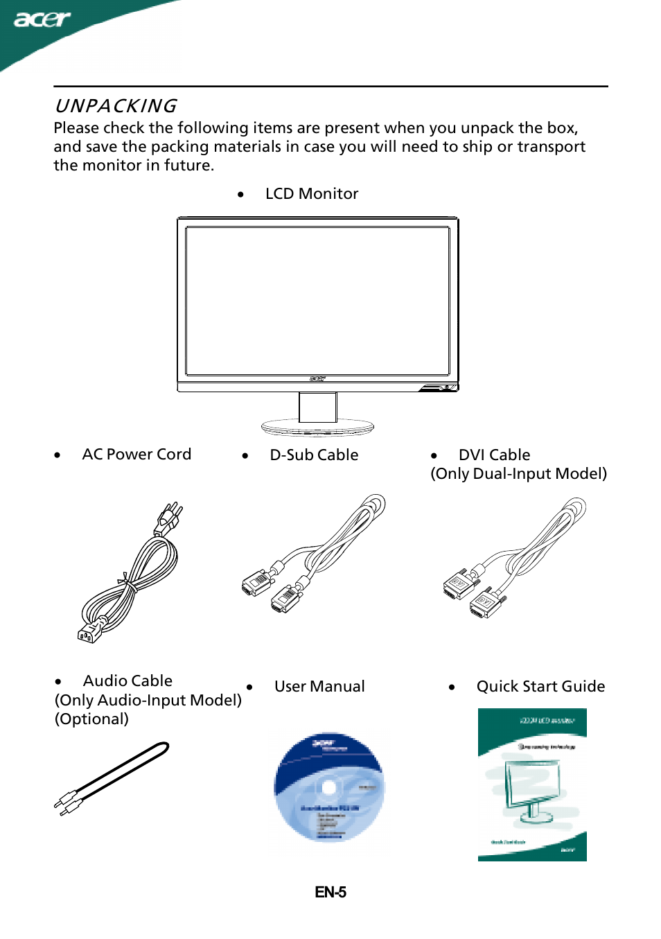 Unpacking | Acer P205H User Manual | Page 6 / 24