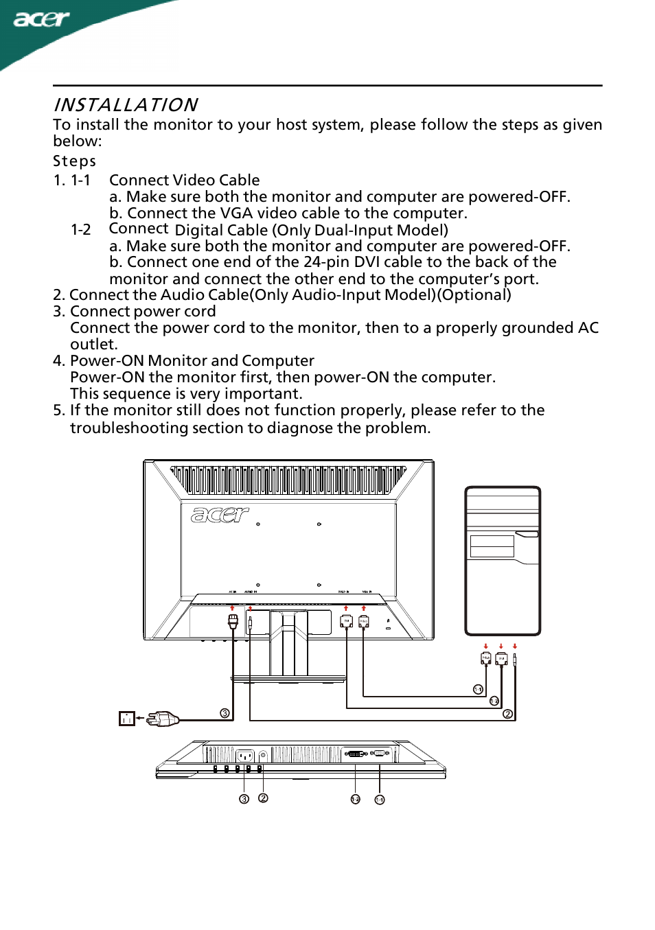 Installation | Acer P185H User Manual | Page 13 / 23