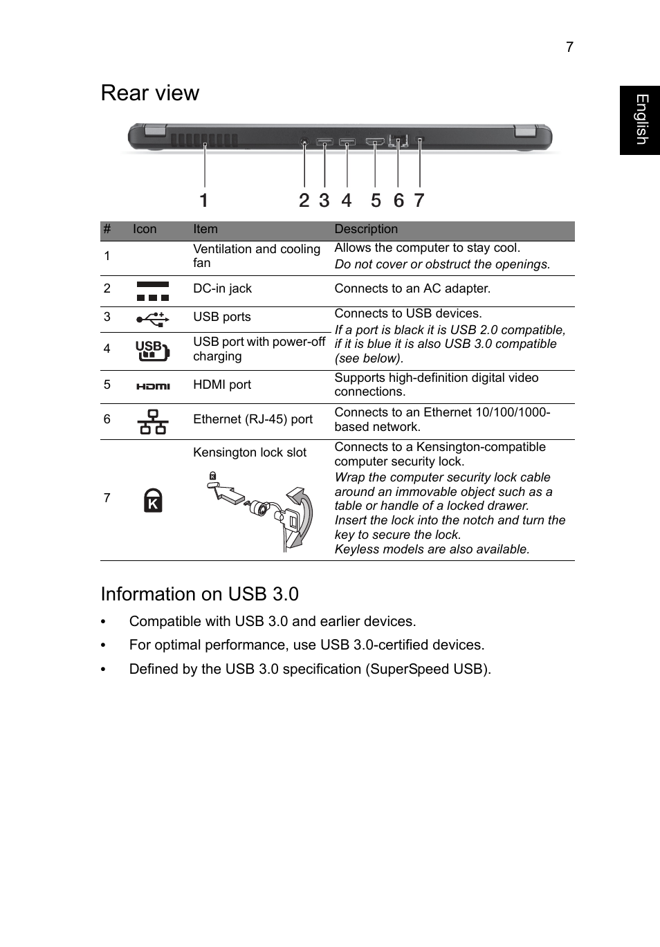 Rear view, Information on usb 3.0 | Acer Aspire M5-481TG User Manual | Page 7 / 11