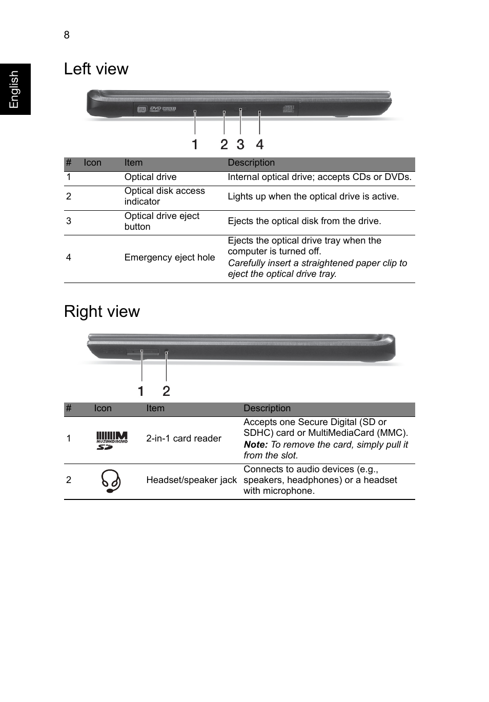 Left view, Right view, Left view right view | Acer Aspire M5-481TG User Manual | Page 8 / 11