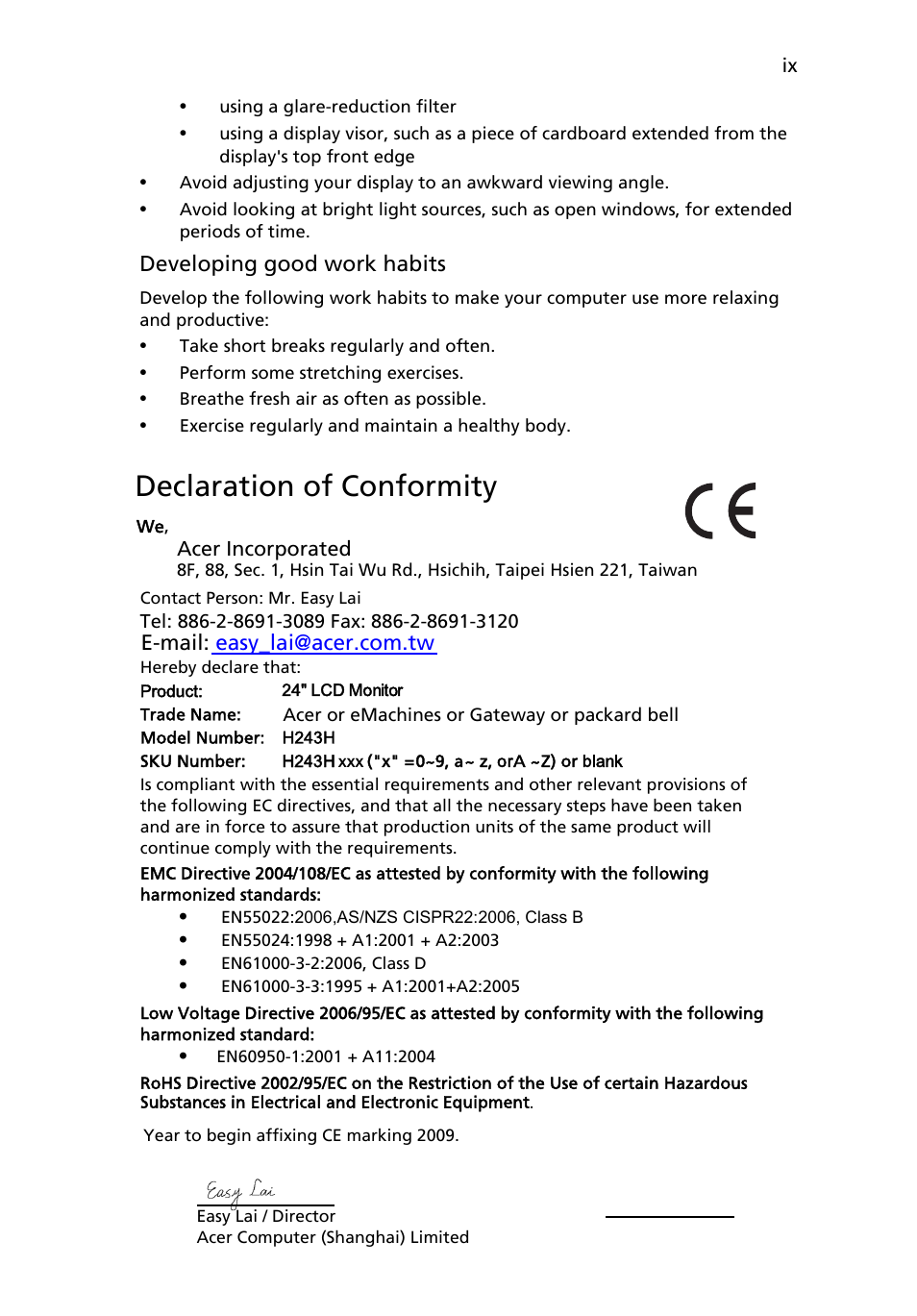 Declaration of conformity, Developing good work habits | Acer H243H User Manual | Page 9 / 27