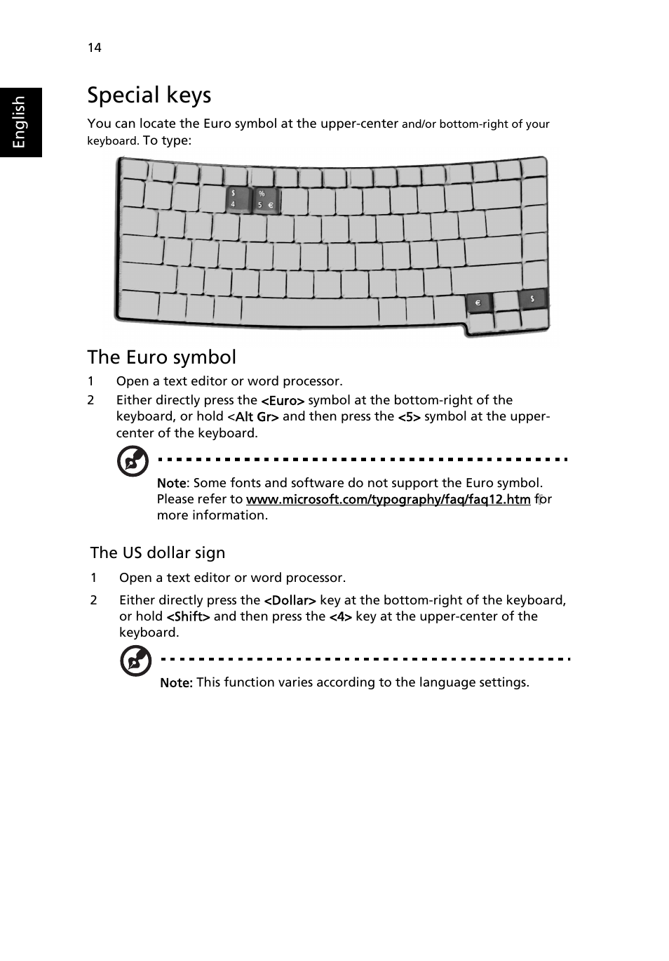 Special keys, The euro symbol | Acer TravelMate 2310 User Manual | Page 22 / 70