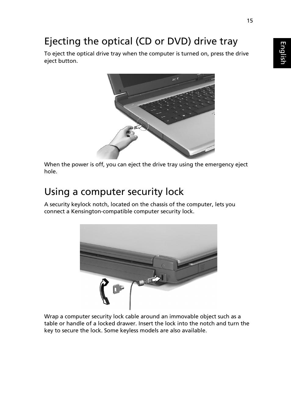 Ejecting the optical (cd or dvd) drive tray, Using a computer security lock | Acer TravelMate 2310 User Manual | Page 23 / 70