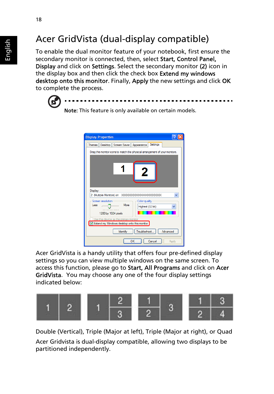 Acer gridvista (dual-display compatible) | Acer TravelMate 2310 User Manual | Page 26 / 70