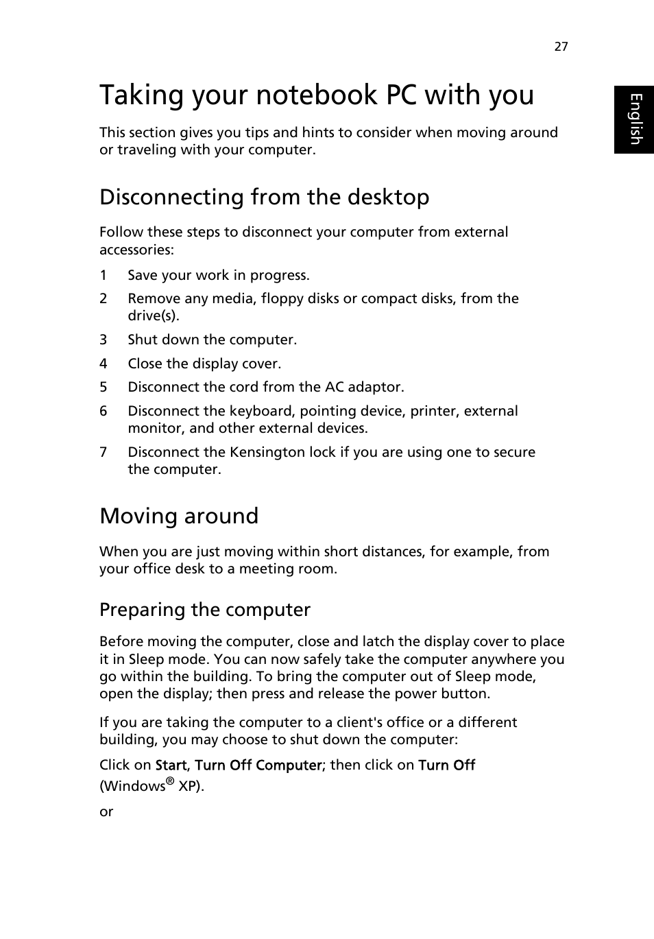 Taking your notebook pc with you, Disconnecting from the desktop, Moving around | Preparing the computer | Acer TravelMate 2310 User Manual | Page 35 / 70