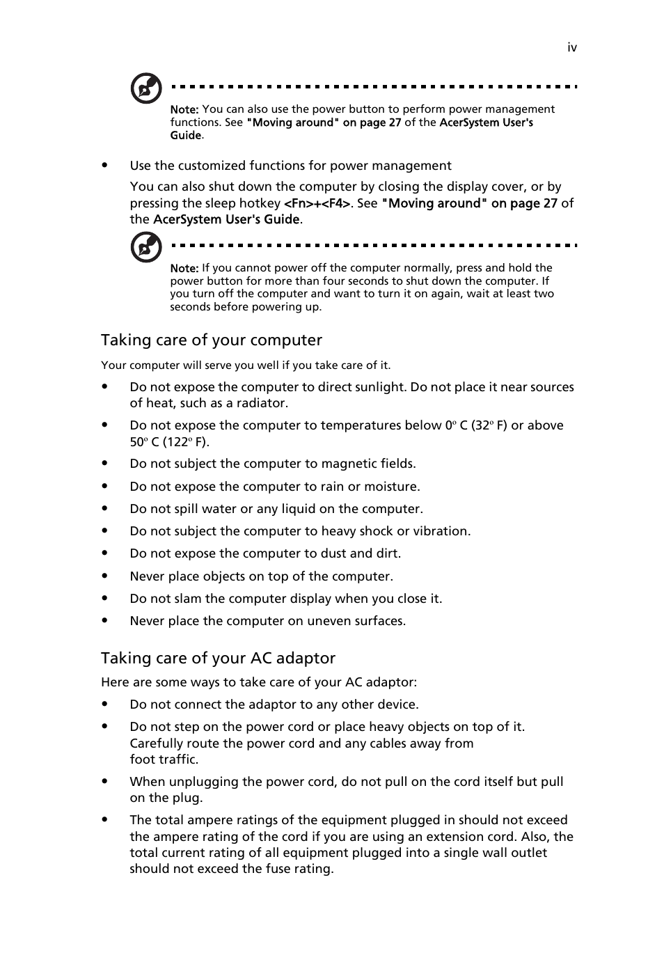 Taking care of your computer, Taking care of your ac adaptor | Acer TravelMate 2310 User Manual | Page 4 / 70