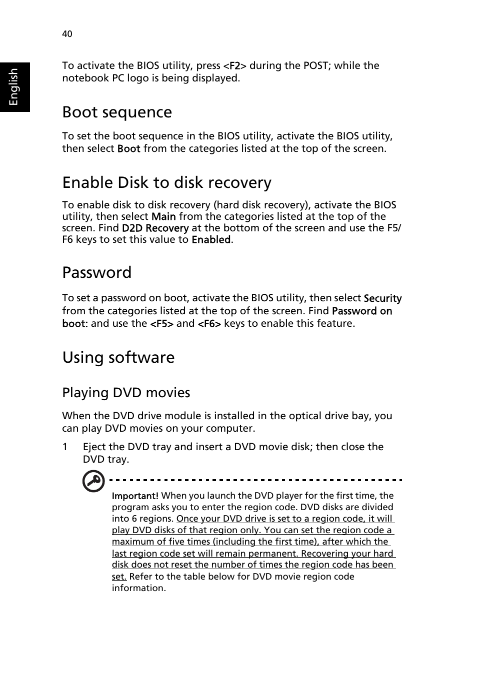 Using software, Boot sequence, Enable disk to disk recovery | Password, Playing dvd movies | Acer TravelMate 2310 User Manual | Page 48 / 70