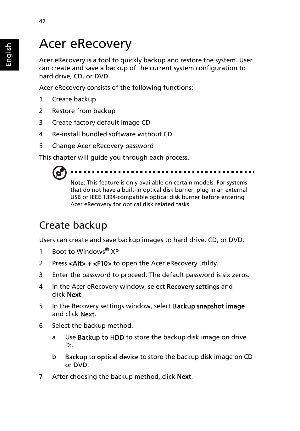 Acer erecovery, Create backup | Acer TravelMate 2310 User Manual | Page 50 / 70