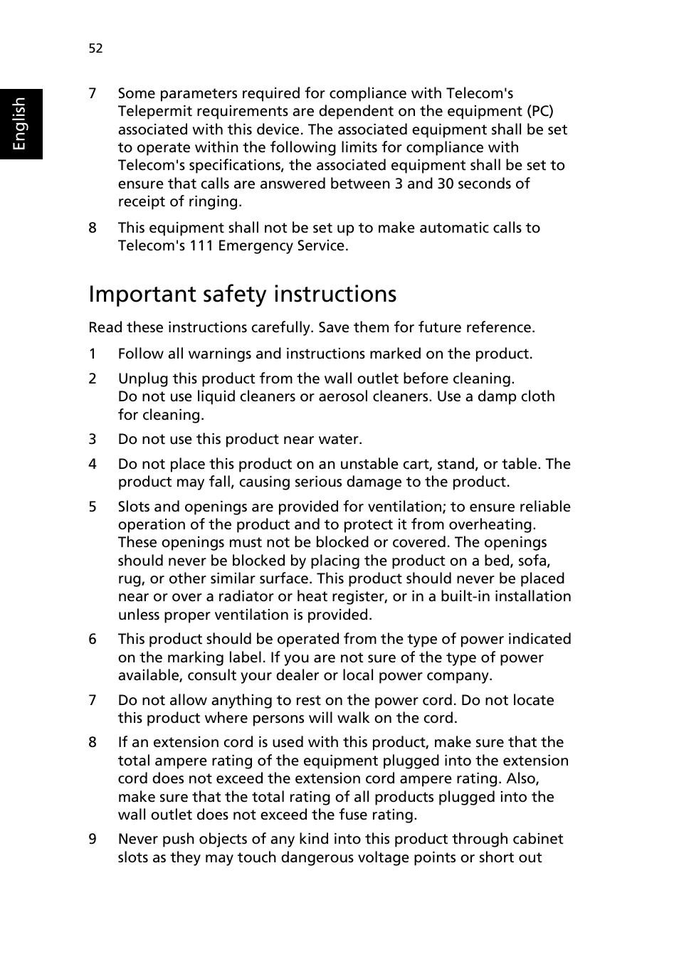 Important safety instructions | Acer TravelMate 2310 User Manual | Page 60 / 70