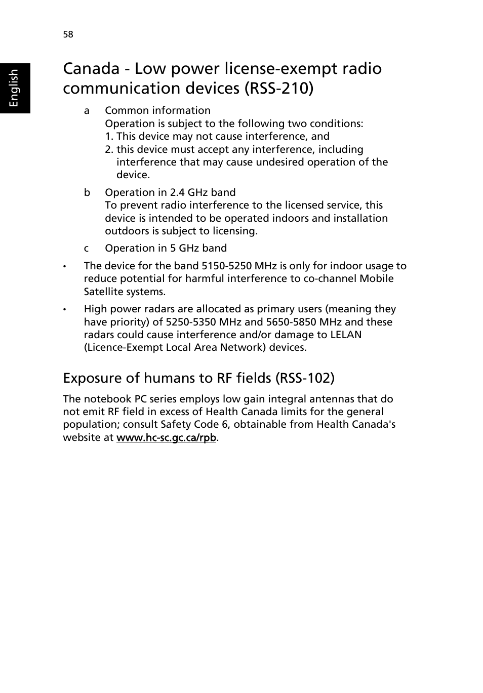 Exposure of humans to rf fields (rss-102) | Acer TravelMate 2310 User Manual | Page 66 / 70