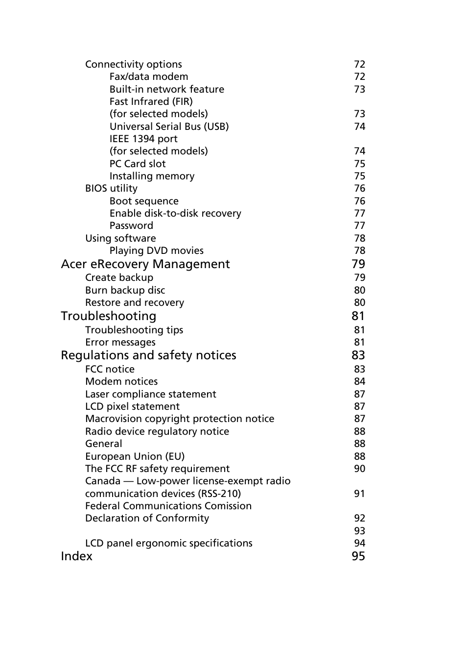 Acer erecovery management 79, Troubleshooting 81, Regulations and safety notices 83 | Index 95 | Acer Extensa 4010 User Manual | Page 18 / 114