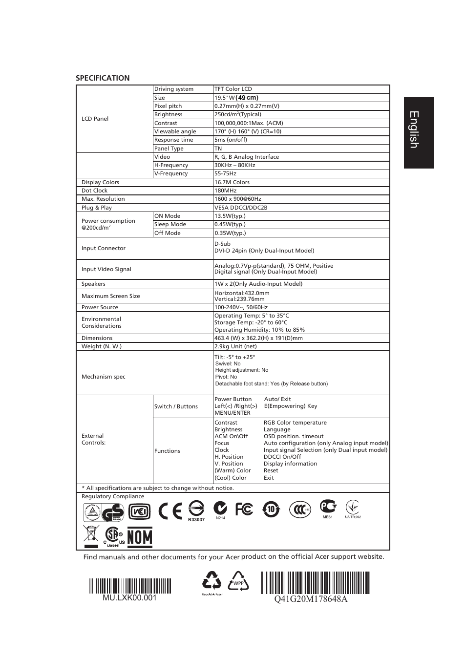 E ng lis h, ᑒ஀ኁጒ, Specification | Acer V206HQL User Manual | Page 4 / 4