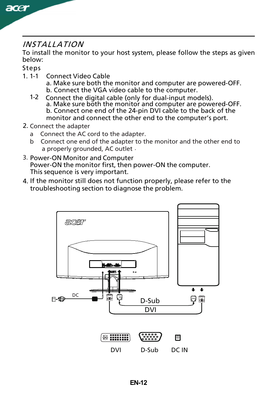 Installation | Acer S202HL User Manual | Page 13 / 23