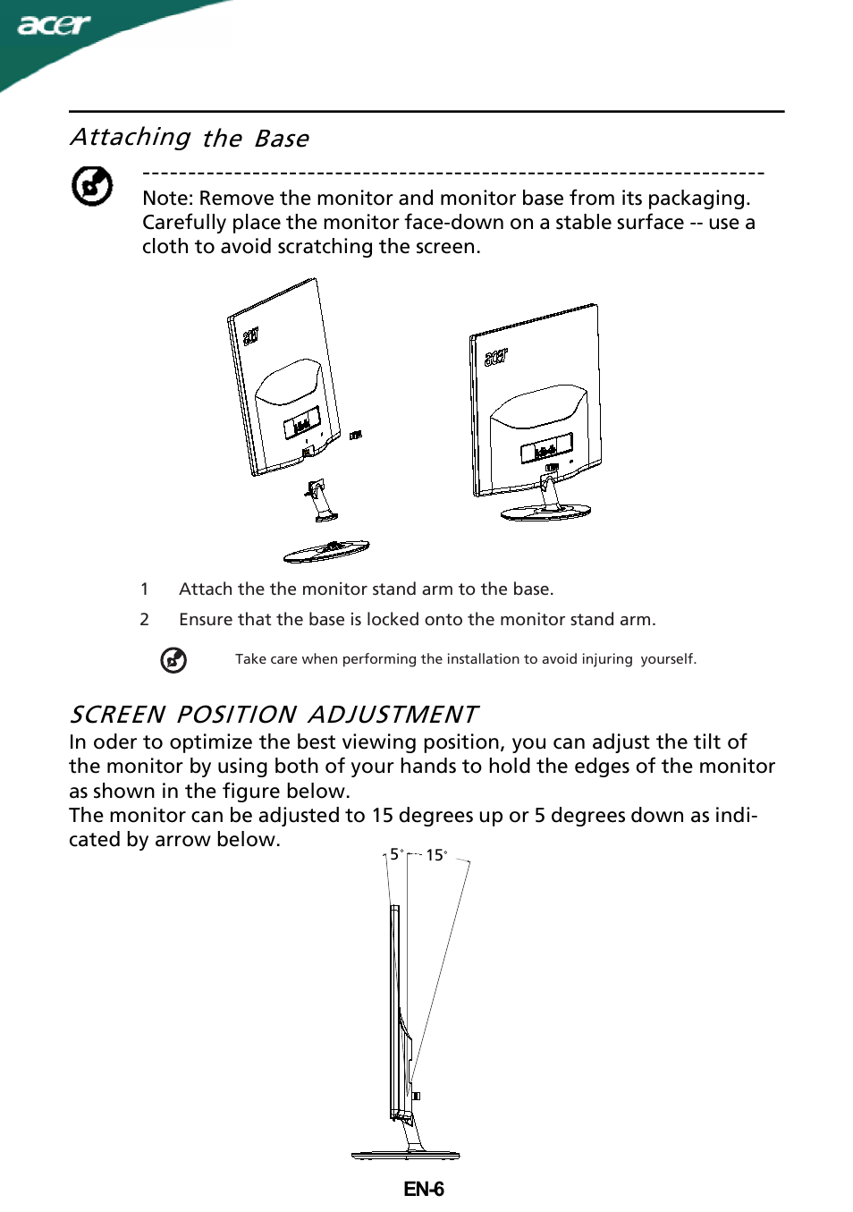 Attaching the base screen position adjustment | Acer S202HL User Manual | Page 7 / 23