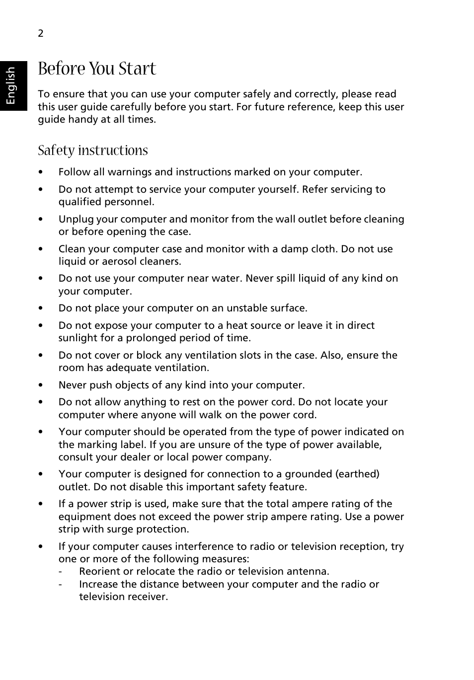 Before you start, Safety instructions | Acer Aspire E560 User Manual | Page 10 / 20