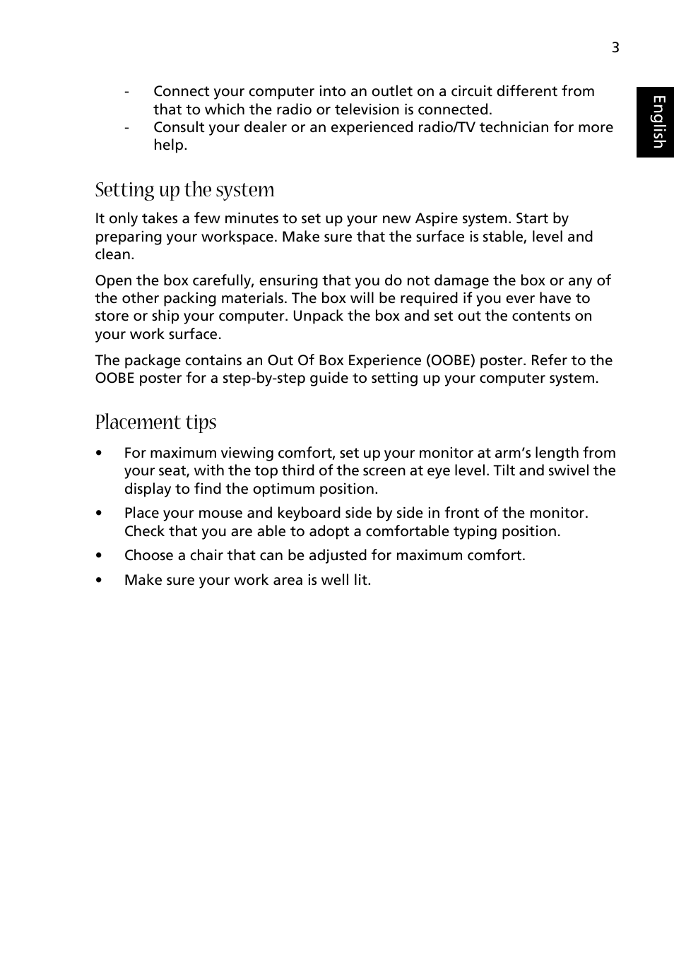 Setting up the system, Placement tips | Acer Aspire E560 User Manual | Page 11 / 20