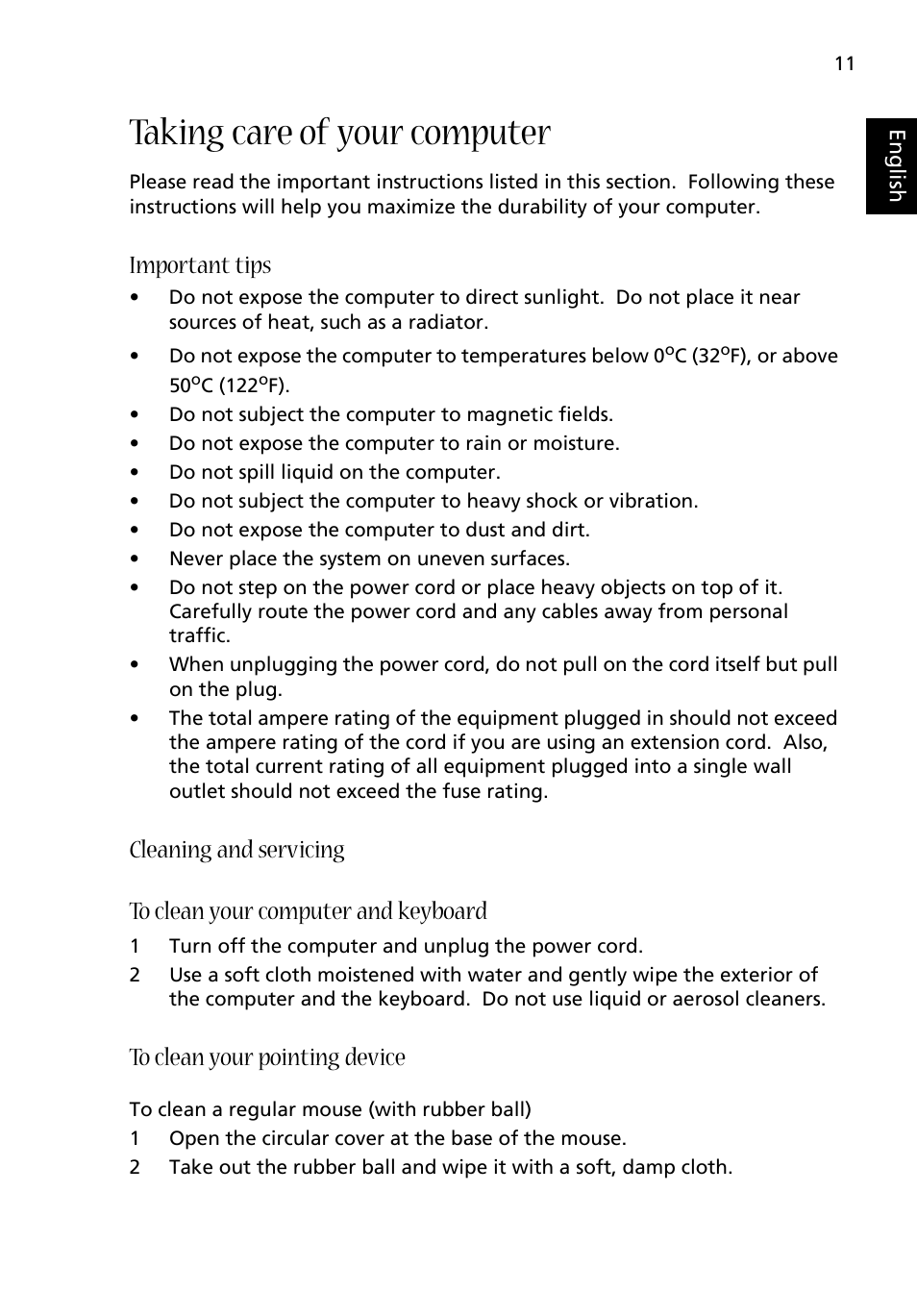 Taking care of your computer, Important tips, Cleaning and servicing | Acer Aspire E560 User Manual | Page 19 / 20